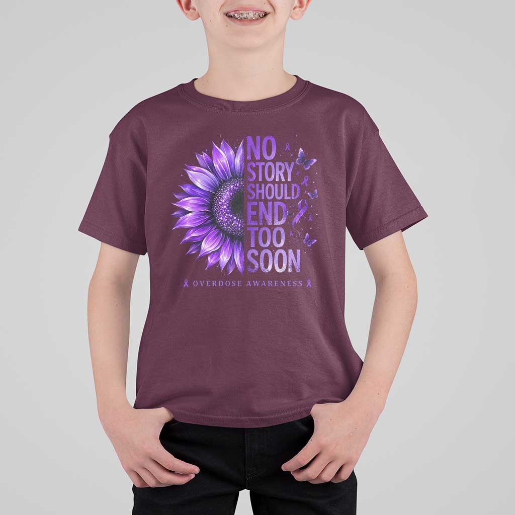 No Story Should End Too Soon Purple Sunflower Overdose Awareness T Shirt For Kid