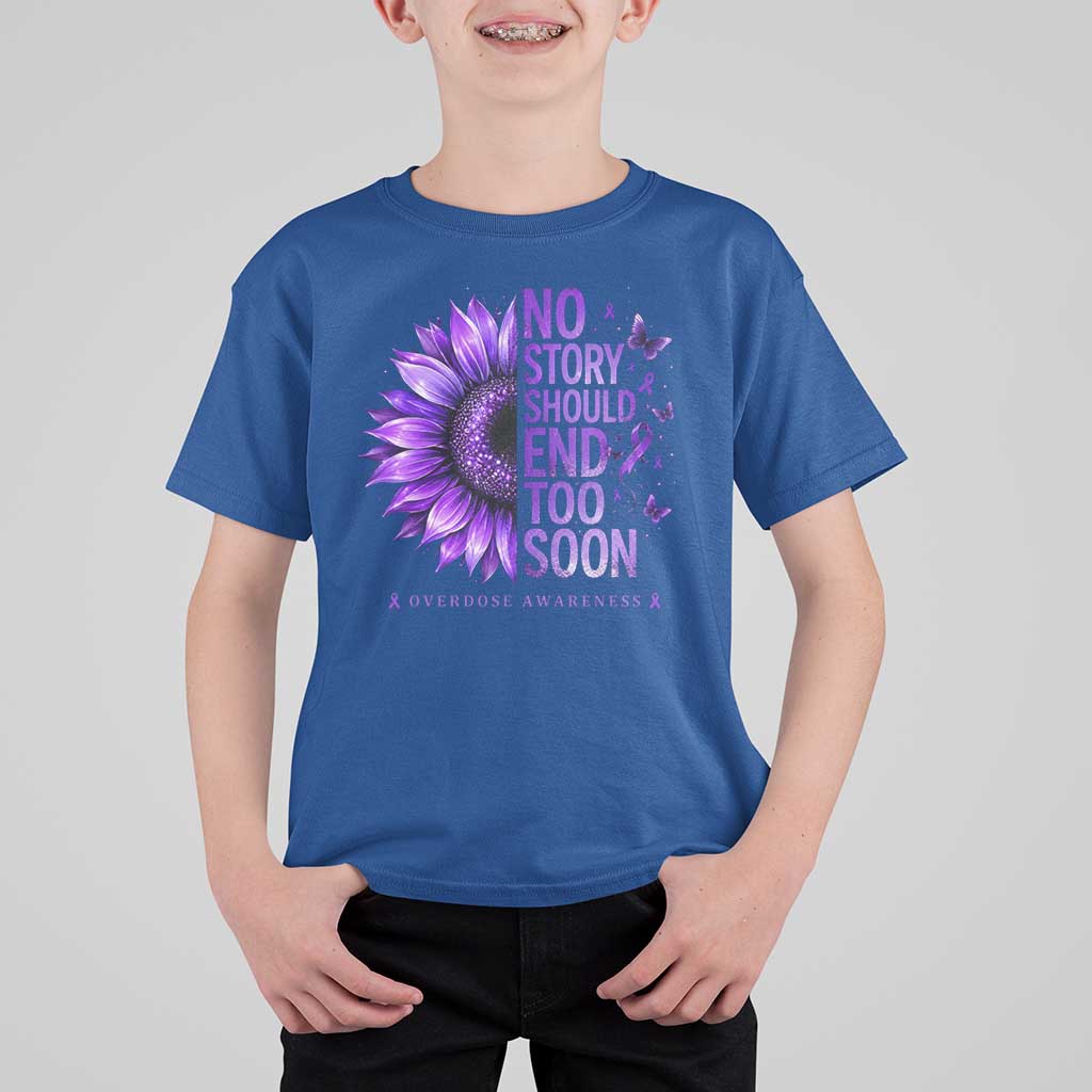 No Story Should End Too Soon Purple Sunflower Overdose Awareness T Shirt For Kid