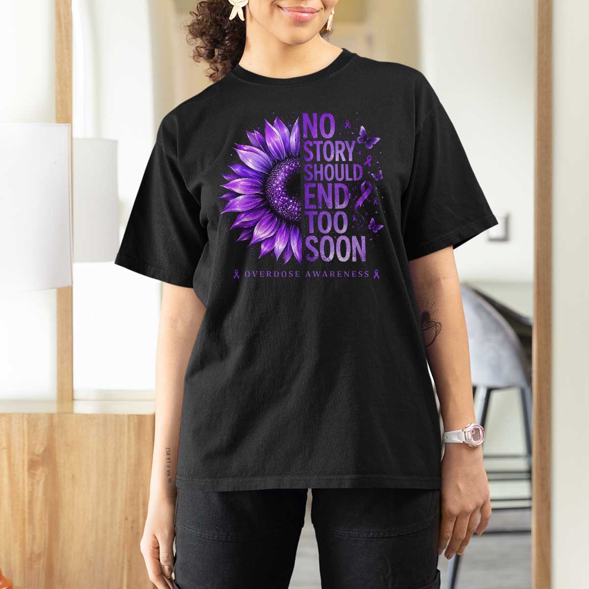 No Story Should End Too Soon Purple Sunflower Overdose Awareness T Shirt For Women
