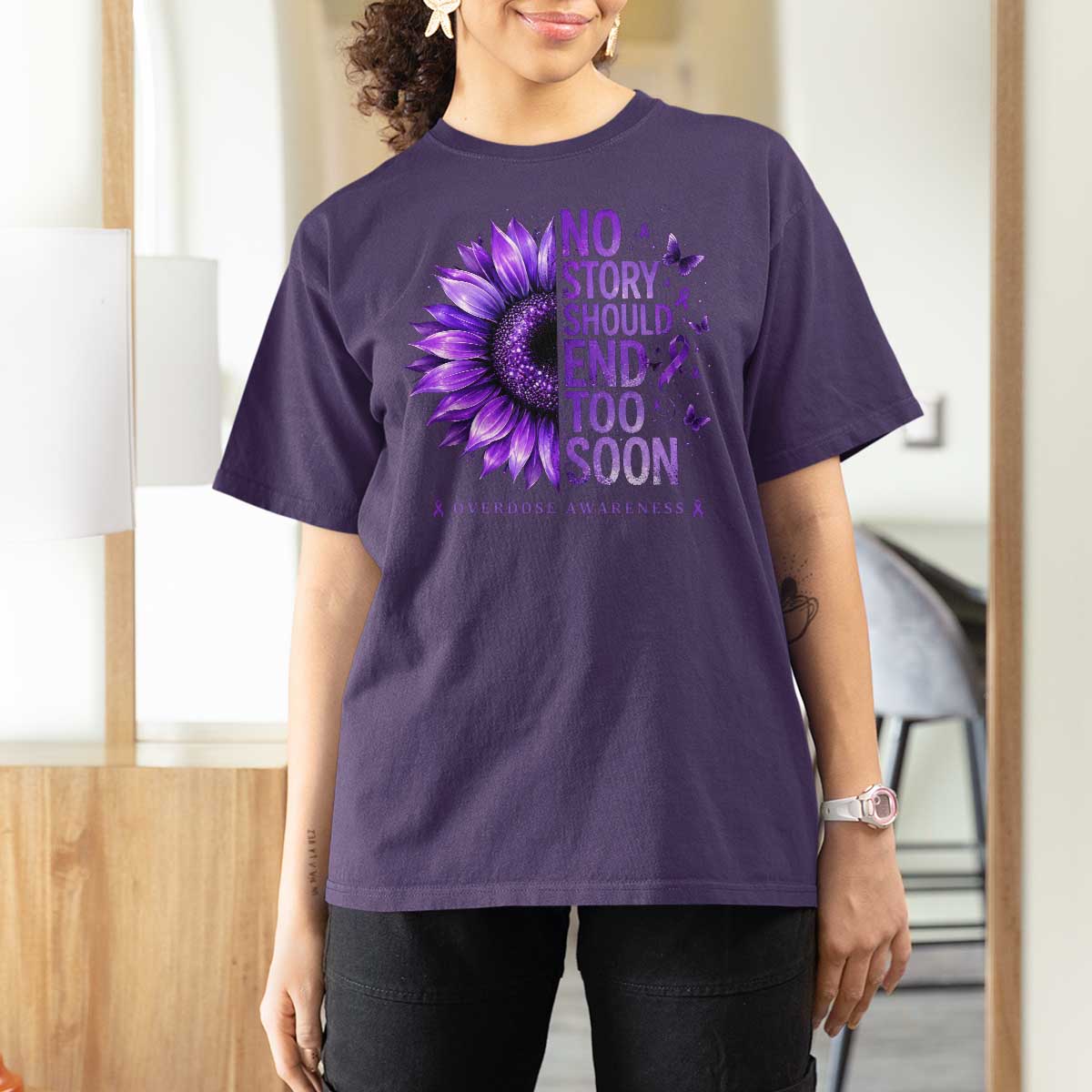 No Story Should End Too Soon Purple Sunflower Overdose Awareness T Shirt For Women