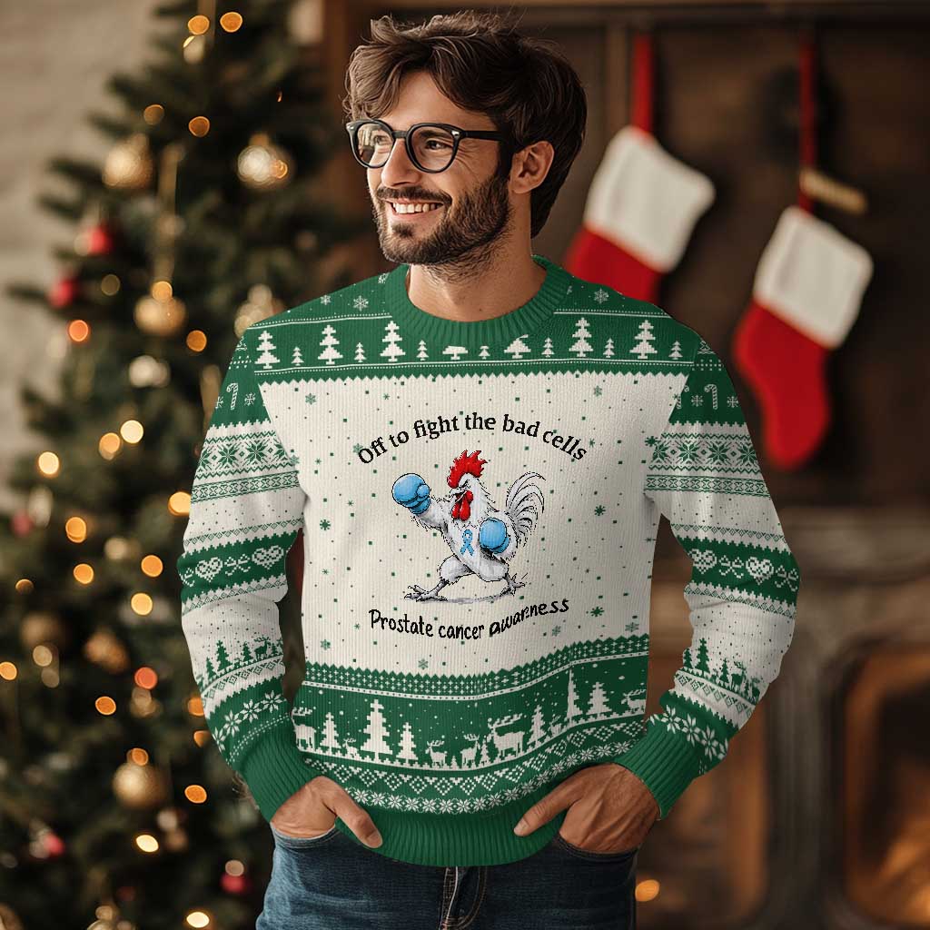 Prostate Cancer Awareness Ugly Christmas Sweater Rooster Light Blue Ribbon Survivor Chemotherapy Gift
