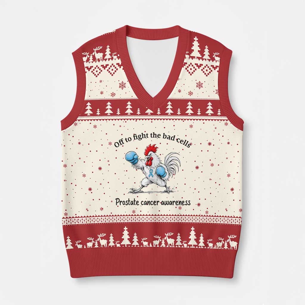Prostate Cancer Awareness V-Neck Knit Sweater Vest Rooster Light Blue Ribbon Survivor Chemotherapy Gift