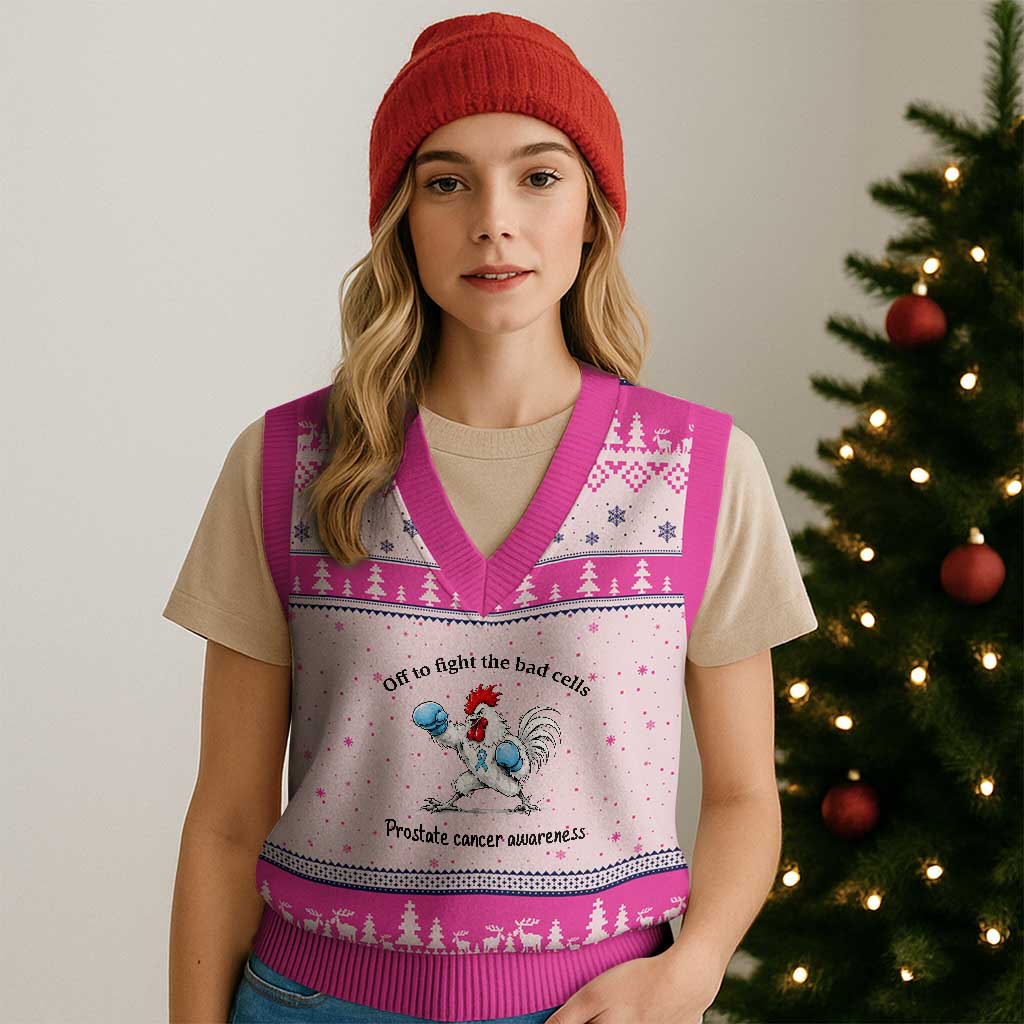 Prostate Cancer Awareness V-Neck Knit Sweater Vest Rooster Light Blue Ribbon Survivor Chemotherapy Gift