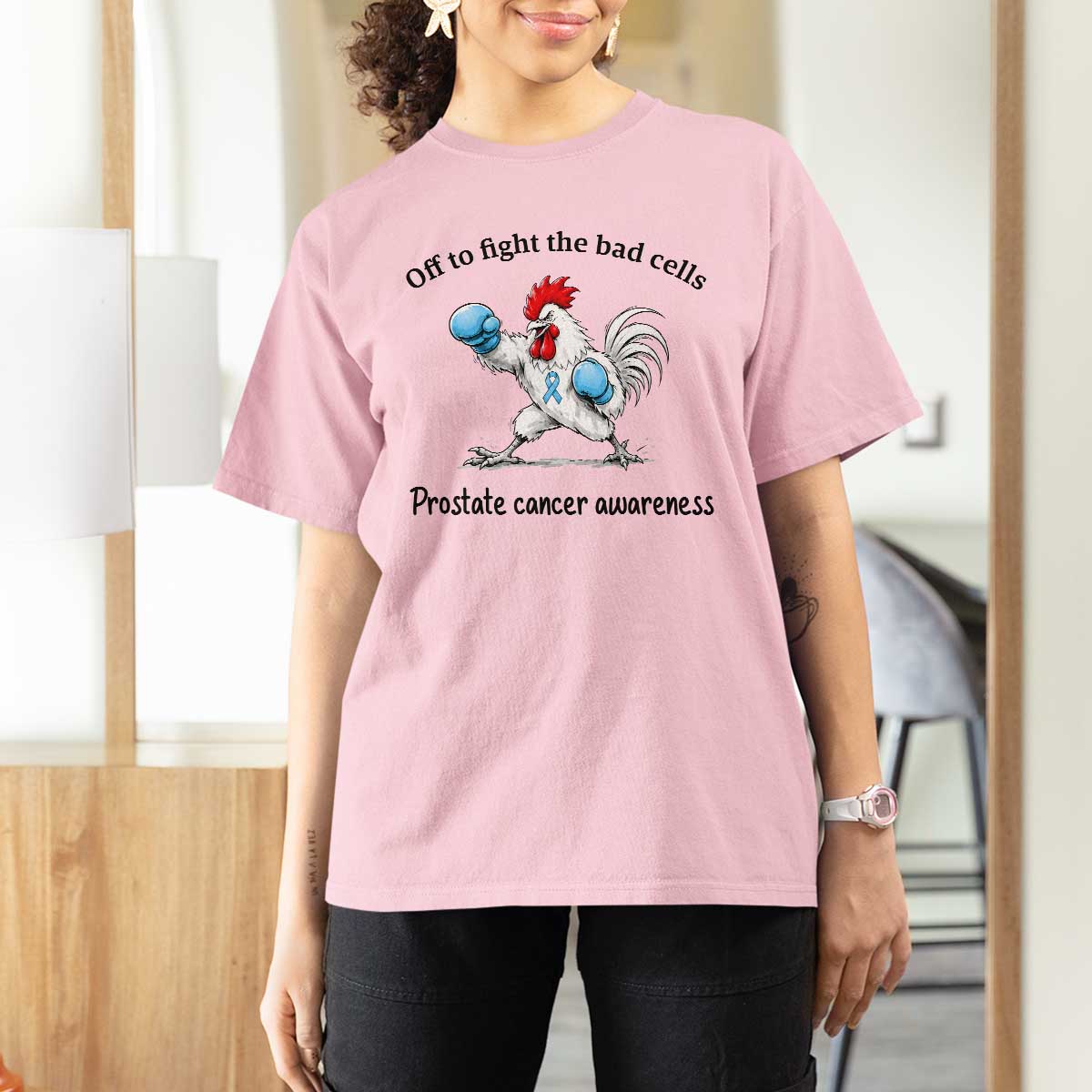 Prostate Cancer Awareness T Shirt For Women Rooster Light Blue Ribbon Survivor Chemotherapy Gift