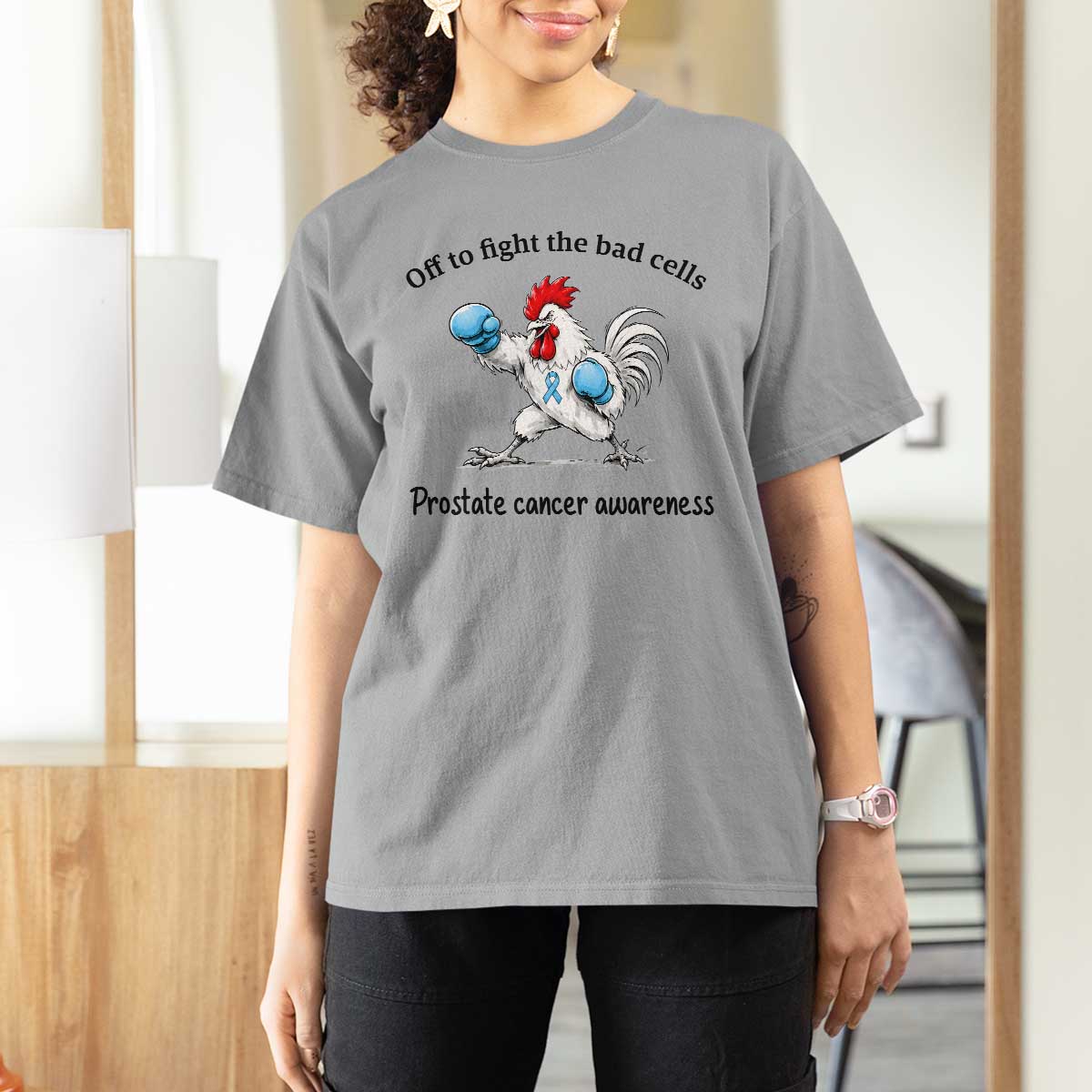 Prostate Cancer Awareness T Shirt For Women Rooster Light Blue Ribbon Survivor Chemotherapy Gift