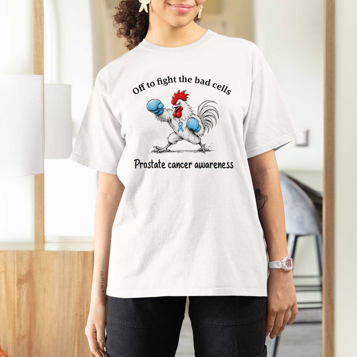 Prostate Cancer Awareness T Shirt For Women Rooster Light Blue Ribbon Survivor Chemotherapy Gift