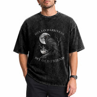 Funny Crow Coffee Washed Cotton T-Shirt Raven Spooky Halloween Hello Darkness My Old Friend