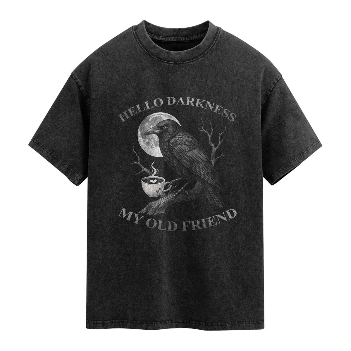Funny Crow Coffee Washed Cotton T-Shirt Raven Spooky Halloween Hello Darkness My Old Friend