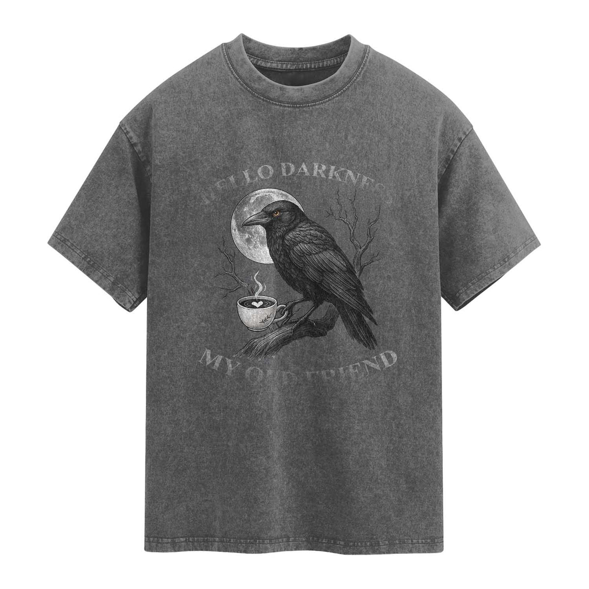 Funny Crow Coffee Washed Cotton T-Shirt Raven Spooky Halloween Hello Darkness My Old Friend