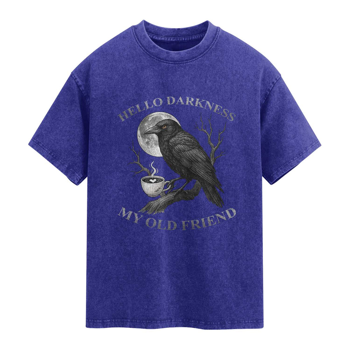 Funny Crow Coffee Washed Cotton T-Shirt Raven Spooky Halloween Hello Darkness My Old Friend
