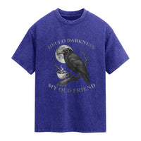 Funny Crow Coffee Washed Cotton T-Shirt Raven Spooky Halloween Hello Darkness My Old Friend