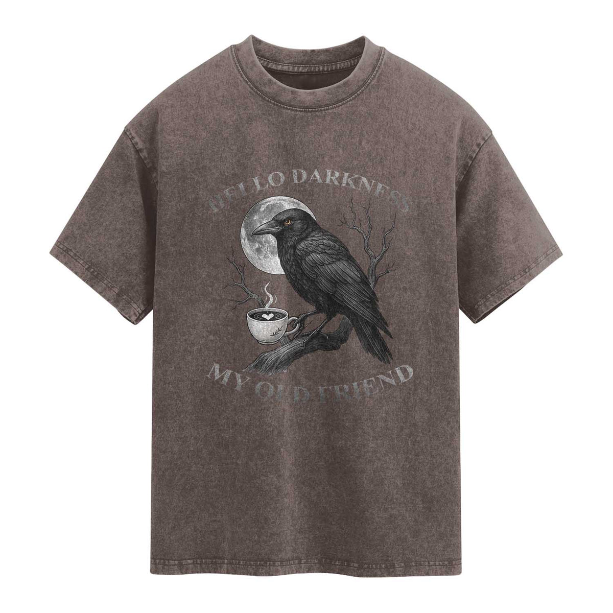 Funny Crow Coffee Washed Cotton T-Shirt Raven Spooky Halloween Hello Darkness My Old Friend