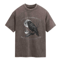 Funny Crow Coffee Washed Cotton T-Shirt Raven Spooky Halloween Hello Darkness My Old Friend