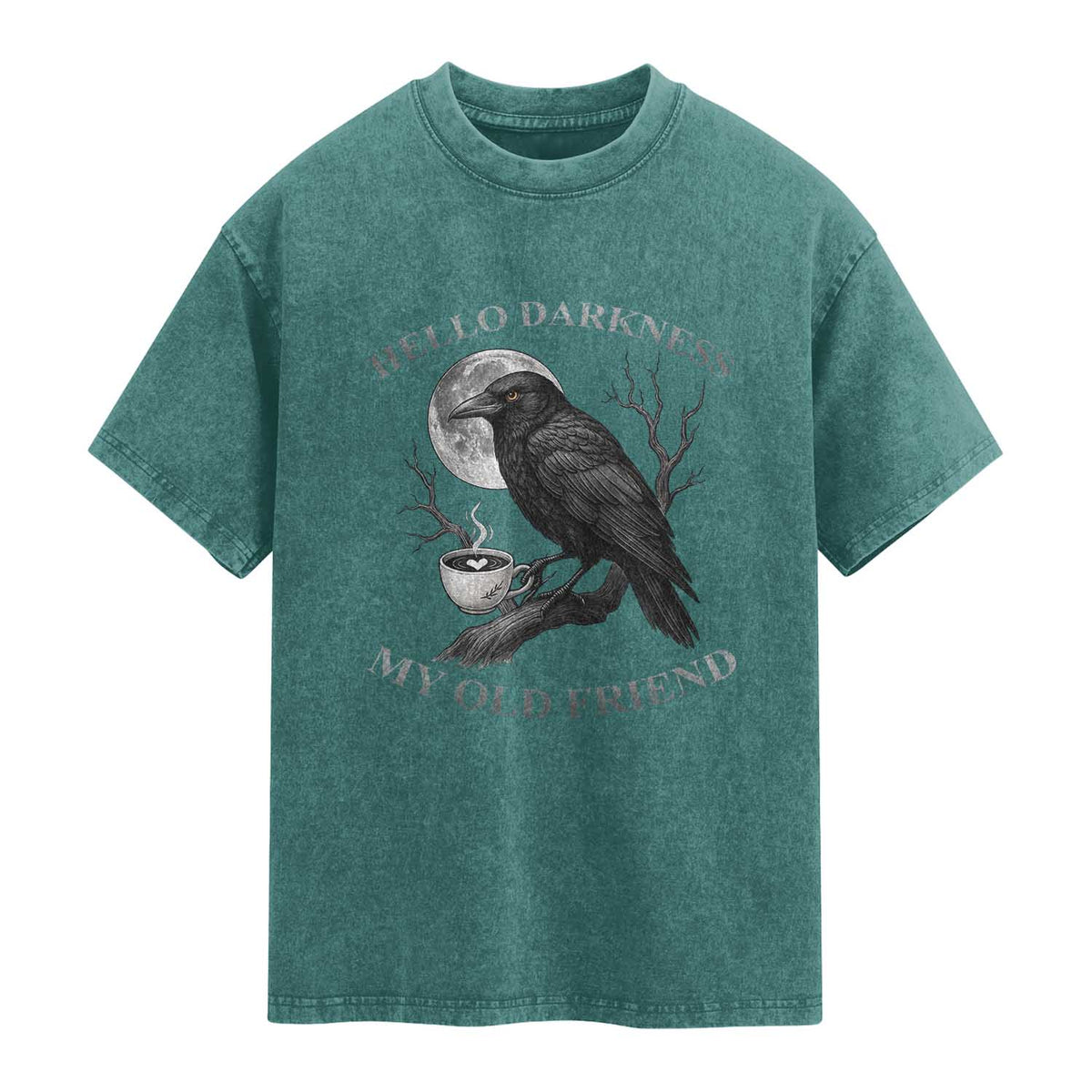 Funny Crow Coffee Washed Cotton T-Shirt Raven Spooky Halloween Hello Darkness My Old Friend