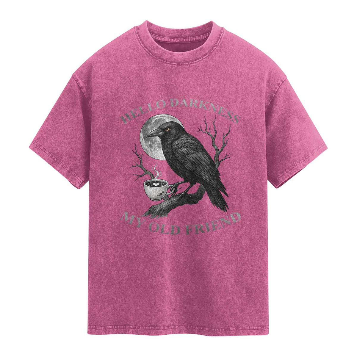 Funny Crow Coffee Washed Cotton T-Shirt Raven Spooky Halloween Hello Darkness My Old Friend