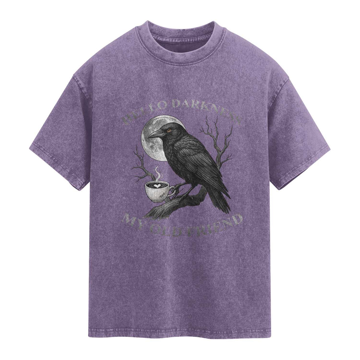 Funny Crow Coffee Washed Cotton T-Shirt Raven Spooky Halloween Hello Darkness My Old Friend
