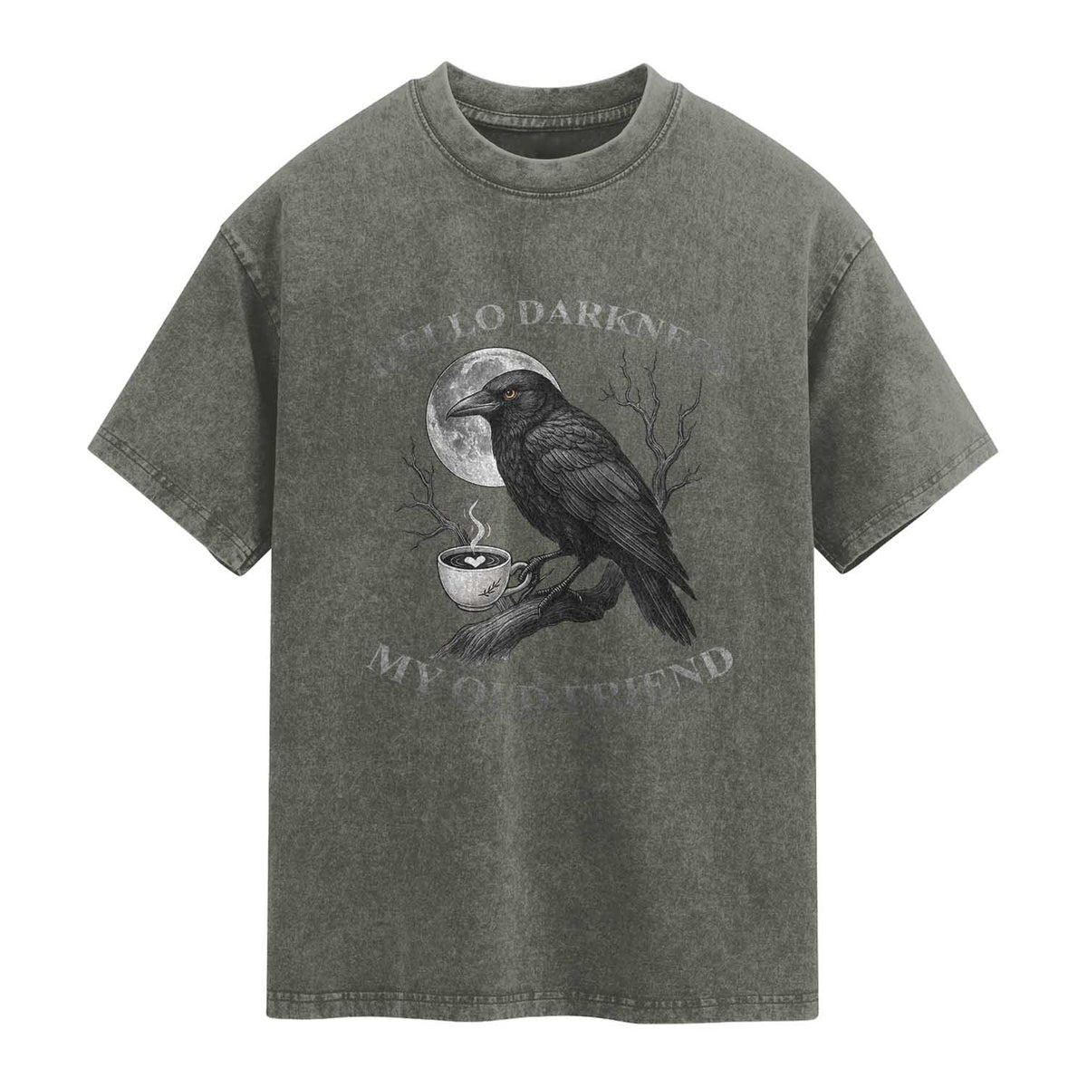 Funny Crow Coffee Washed Cotton T-Shirt Raven Spooky Halloween Hello Darkness My Old Friend