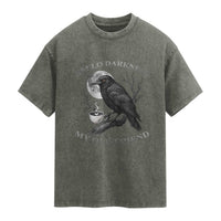 Funny Crow Coffee Washed Cotton T-Shirt Raven Spooky Halloween Hello Darkness My Old Friend