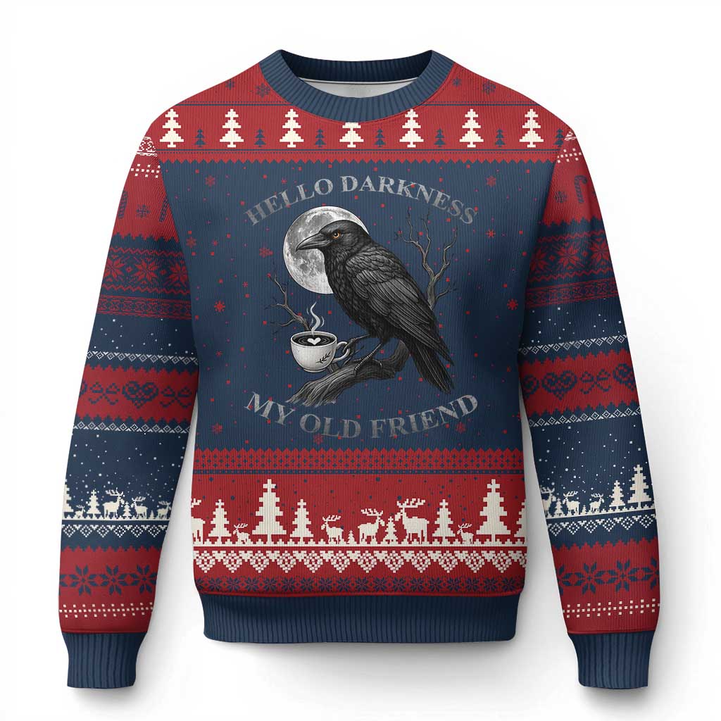 Funny Crow Coffee Ugly Christmas Sweater Raven Spooky Halloween Hello Darkness My Old Friend - Wonder Print Shop