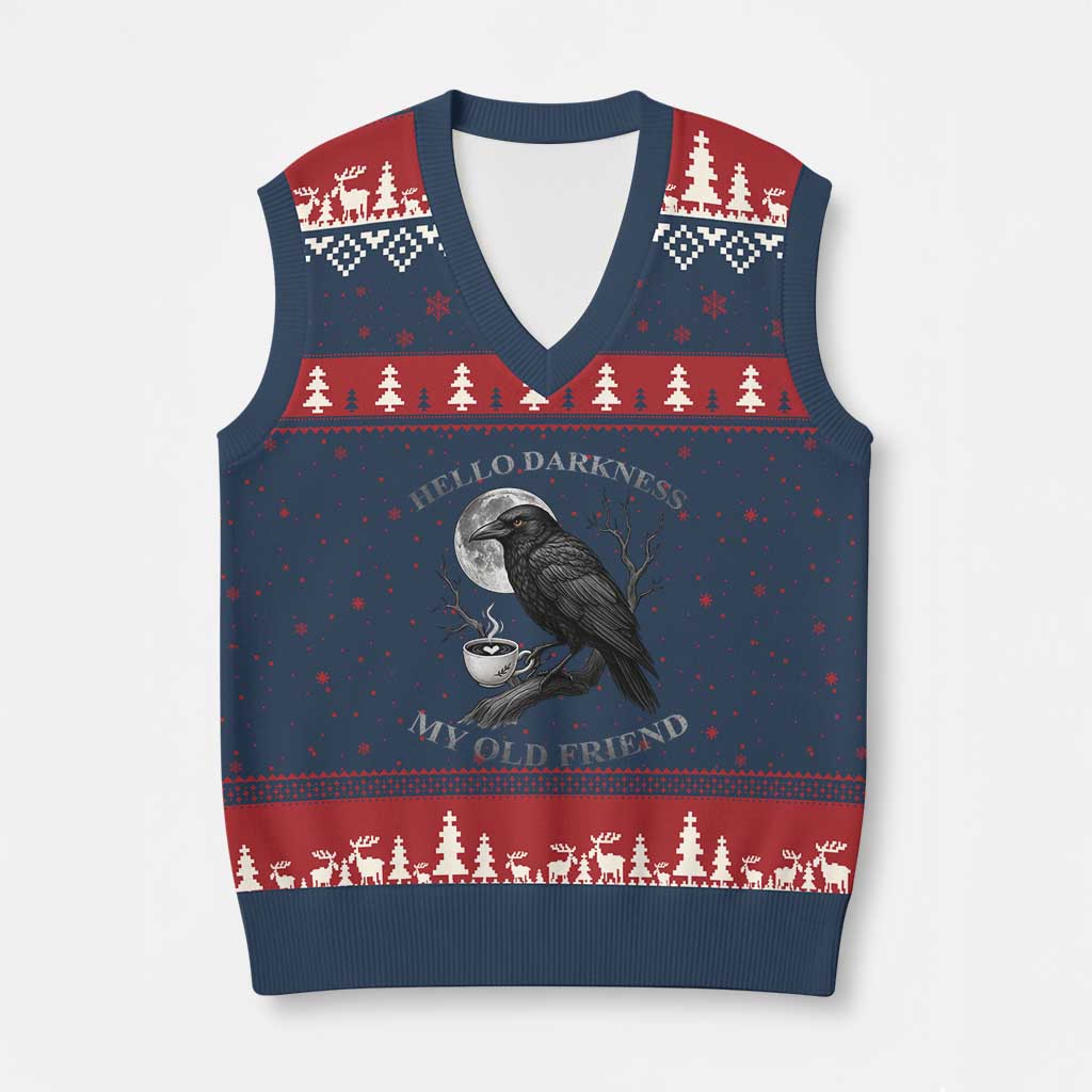 Funny Crow Coffee V-Neck Knit Sweater Vest Raven Spooky Halloween Hello Darkness My Old Friend - Wonder Print Shop