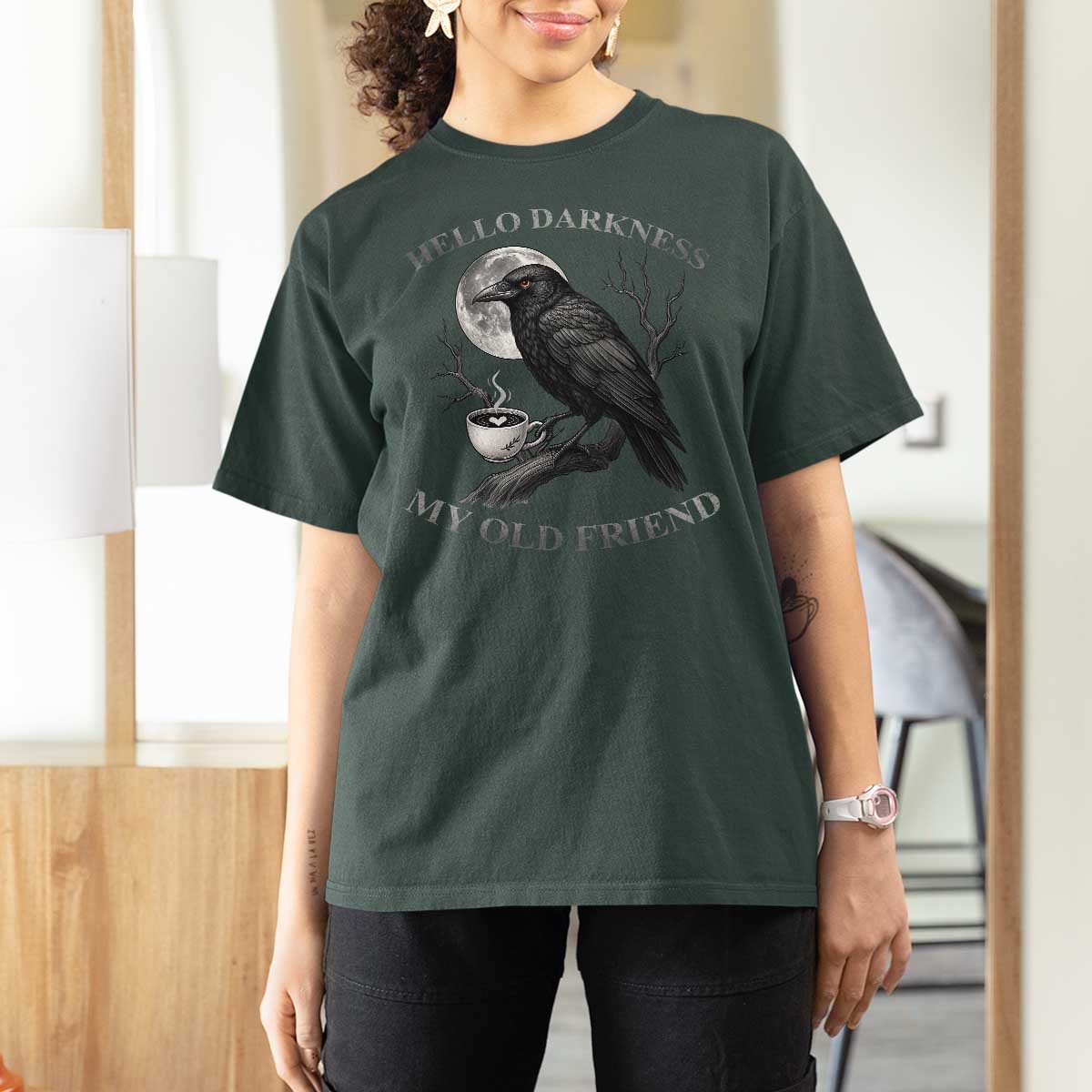 Funny Crow Coffee T Shirt For Women Raven Spooky Halloween Hello Darkness My Old Friend - Wonder Print Shop