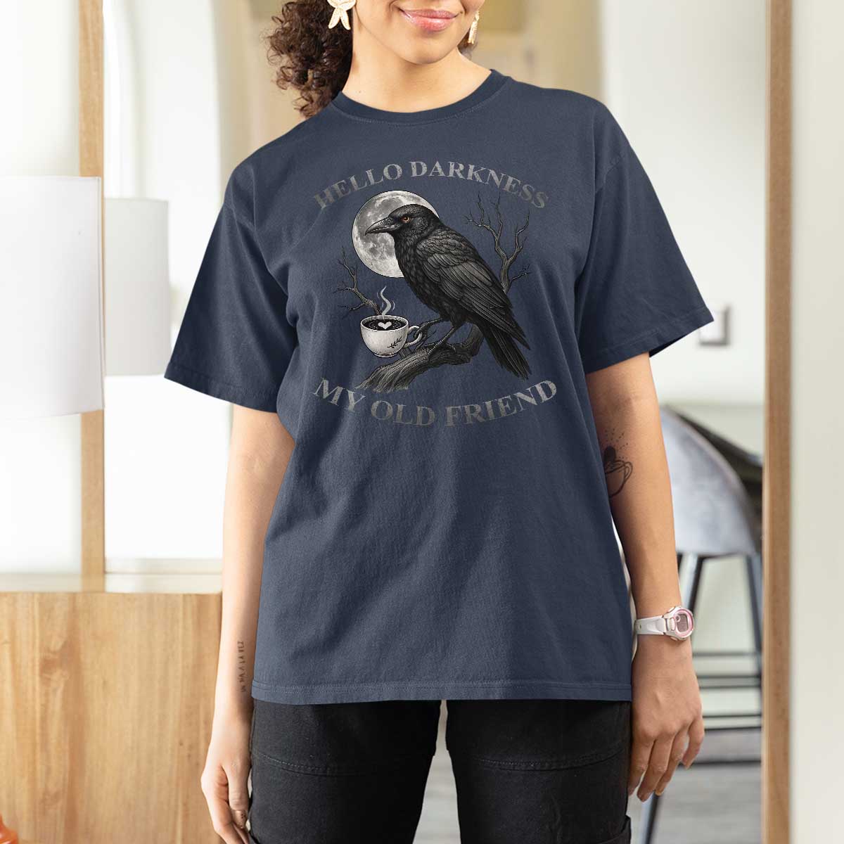 Funny Crow Coffee T Shirt For Women Raven Spooky Halloween Hello Darkness My Old Friend - Wonder Print Shop