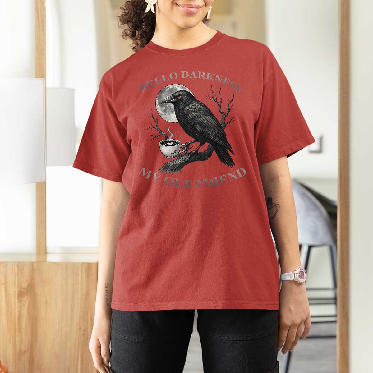 Funny Crow Coffee T Shirt For Women Raven Spooky Halloween Hello Darkness My Old Friend - Wonder Print Shop