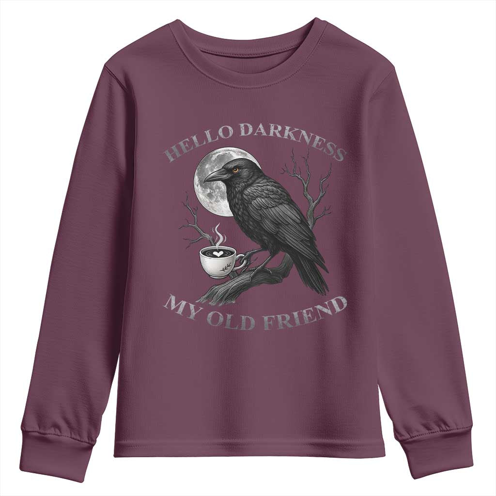 Funny Crow Coffee Youth Sweatshirt Raven Spooky Halloween Hello Darkness My Old Friend - Wonder Print Shop