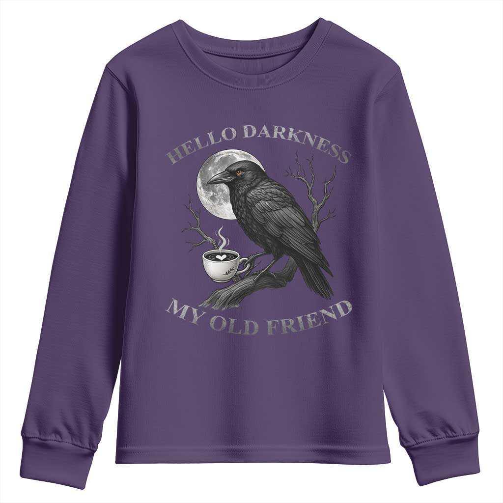 Funny Crow Coffee Youth Sweatshirt Raven Spooky Halloween Hello Darkness My Old Friend - Wonder Print Shop