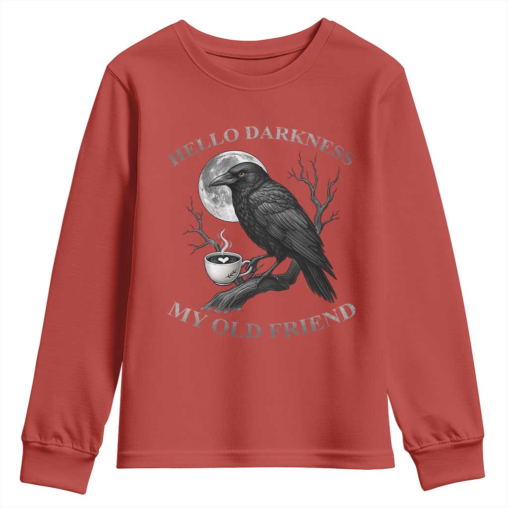 Funny Crow Coffee Youth Sweatshirt Raven Spooky Halloween Hello Darkness My Old Friend - Wonder Print Shop