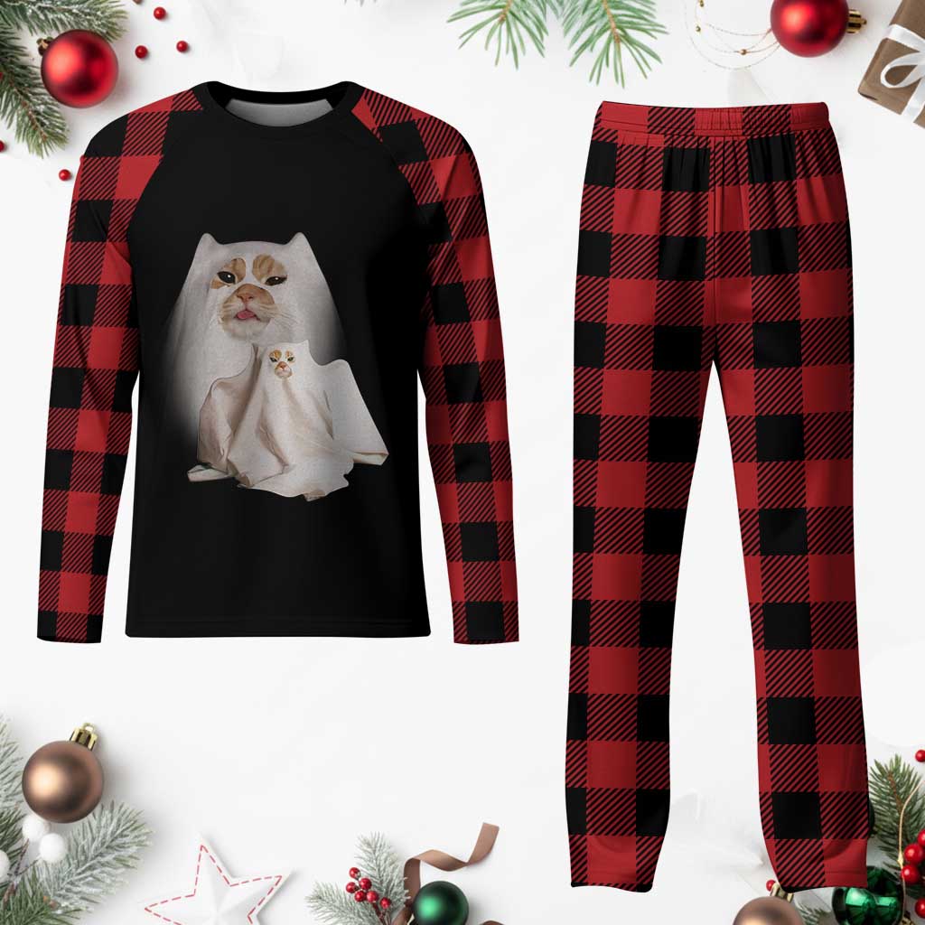 Funny Halloween Ghost Cat Meme Plaid Pajama Set - Wonder Print Shop