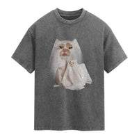 Funny Halloween Ghost Cat Meme Washed Cotton T-Shirt