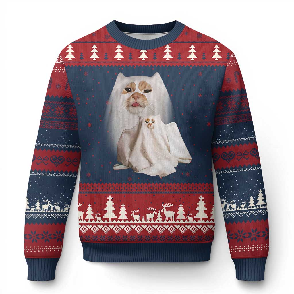 Funny Halloween Ghost Cat Meme Ugly Christmas Sweater - Wonder Print Shop