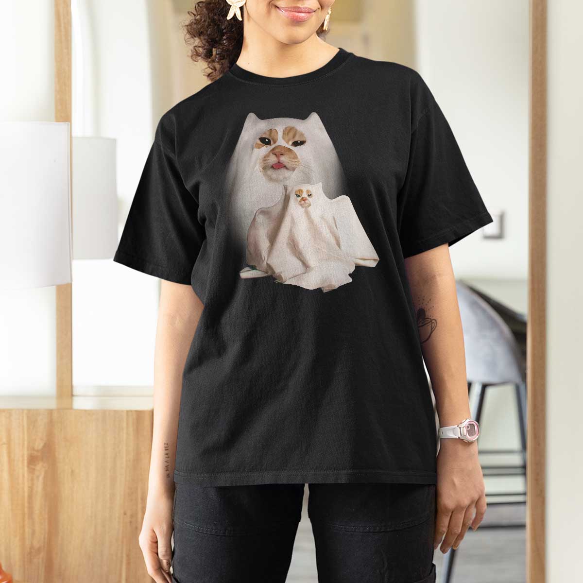 Funny Halloween Ghost Cat Meme T Shirt For Women - Wonder Print Shop