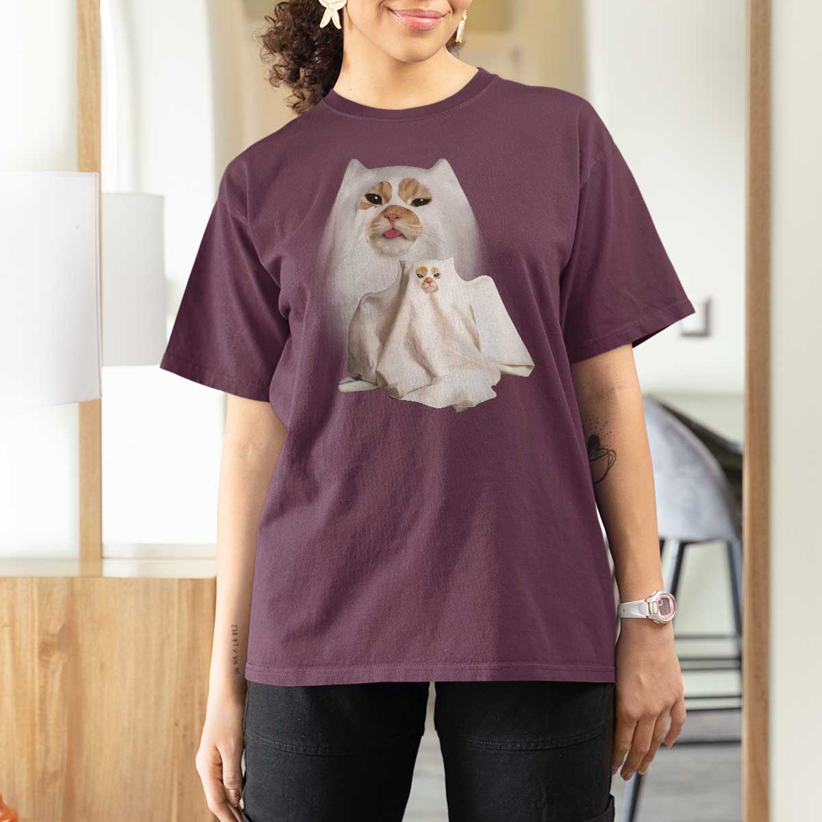 Funny Halloween Ghost Cat Meme T Shirt For Women - Wonder Print Shop