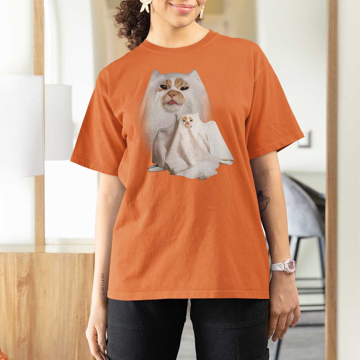 Funny Halloween Ghost Cat Meme T Shirt For Women - Wonder Print Shop