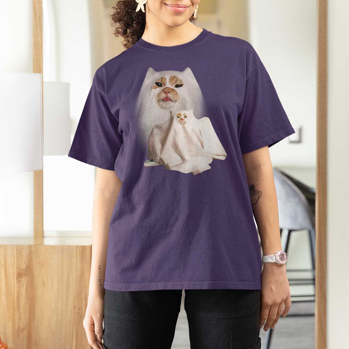 Funny Halloween Ghost Cat Meme T Shirt For Women - Wonder Print Shop