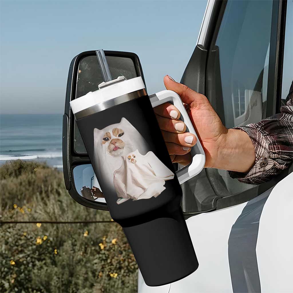 Funny Halloween Ghost Cat Meme Tumbler With Handle - Wonder Print Shop