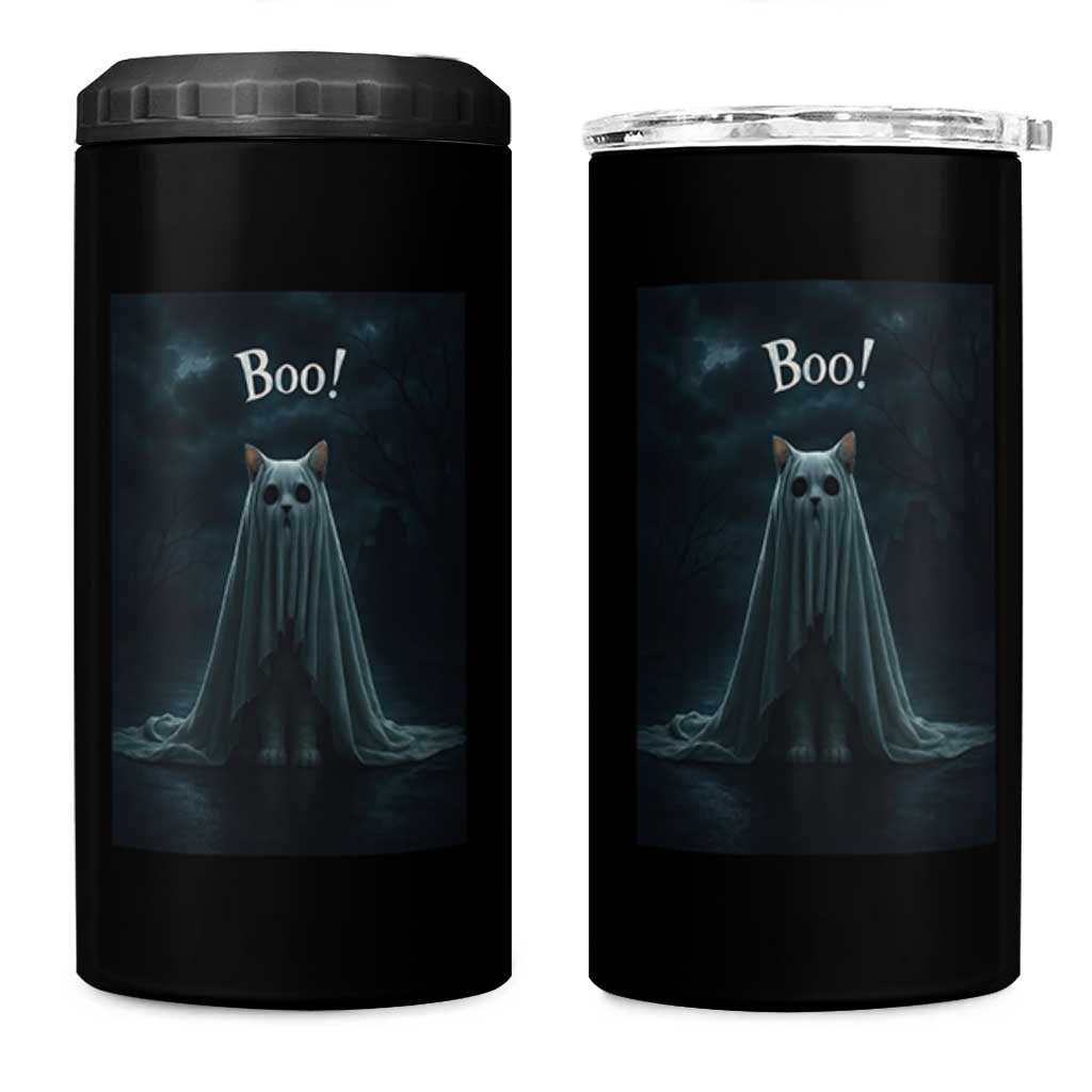 Cat Halloween 4 in 1 Can Cooler Tumbler Spooky Season Ghost Kitten Haunted Mansion - Wonder Print Shop