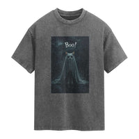 Cat Halloween Washed Cotton T-Shirt Spooky Season Ghost Kitten Haunted Mansion