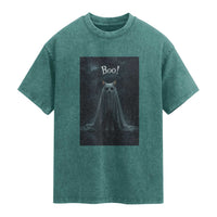 Cat Halloween Washed Cotton T-Shirt Spooky Season Ghost Kitten Haunted Mansion