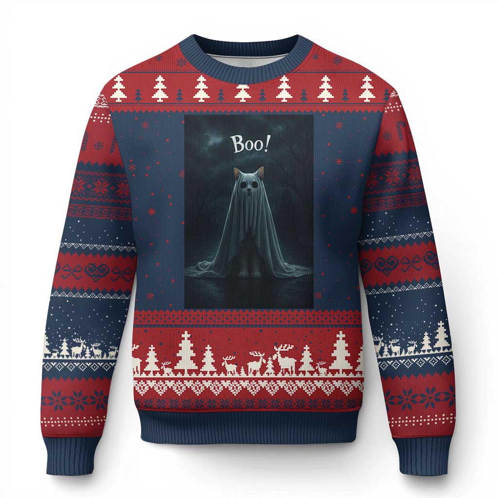 Cat Halloween Ugly Christmas Sweater Spooky Season Ghost Kitten Haunted Mansion - Wonder Print Shop