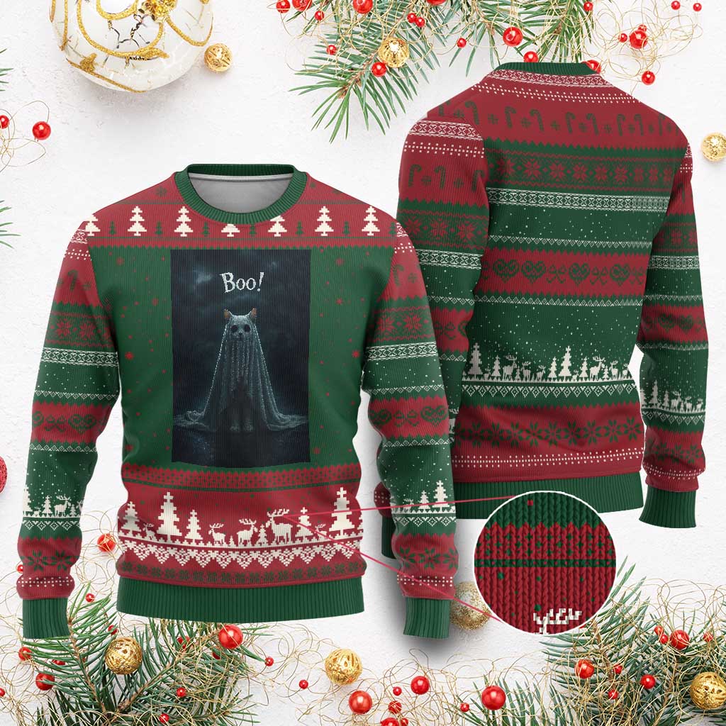 Cat Halloween Ugly Christmas Sweater Spooky Season Ghost Kitten Haunted Mansion - Wonder Print Shop