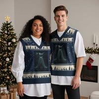 Cat Halloween V-Neck Knit Sweater Vest Spooky Season Ghost Kitten Haunted Mansion - Wonder Print Shop