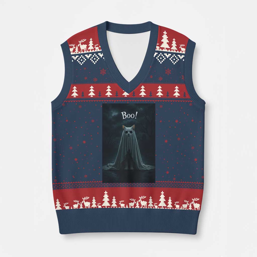 Cat Halloween V-Neck Knit Sweater Vest Spooky Season Ghost Kitten Haunted Mansion - Wonder Print Shop