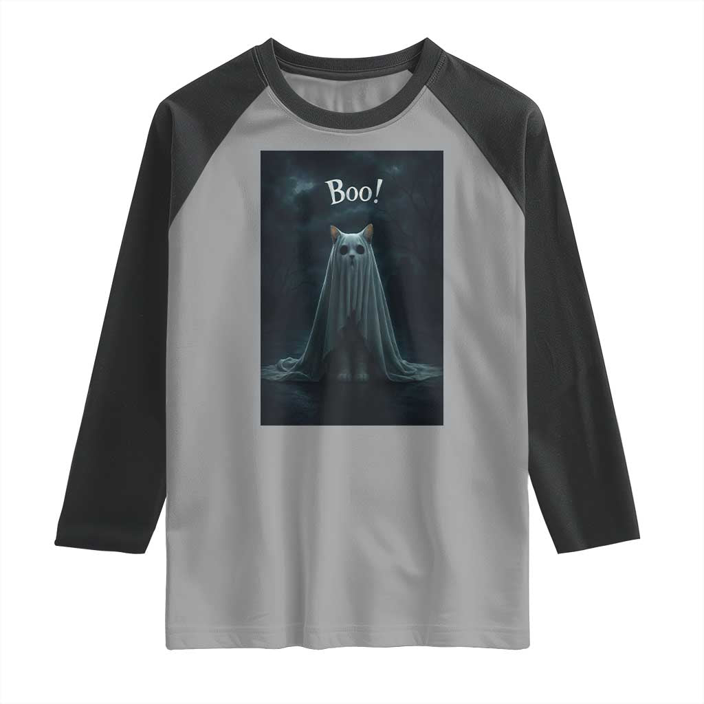 Cat Halloween Raglan Shirt Spooky Season Ghost Kitten Haunted Mansion - Wonder Print Shop