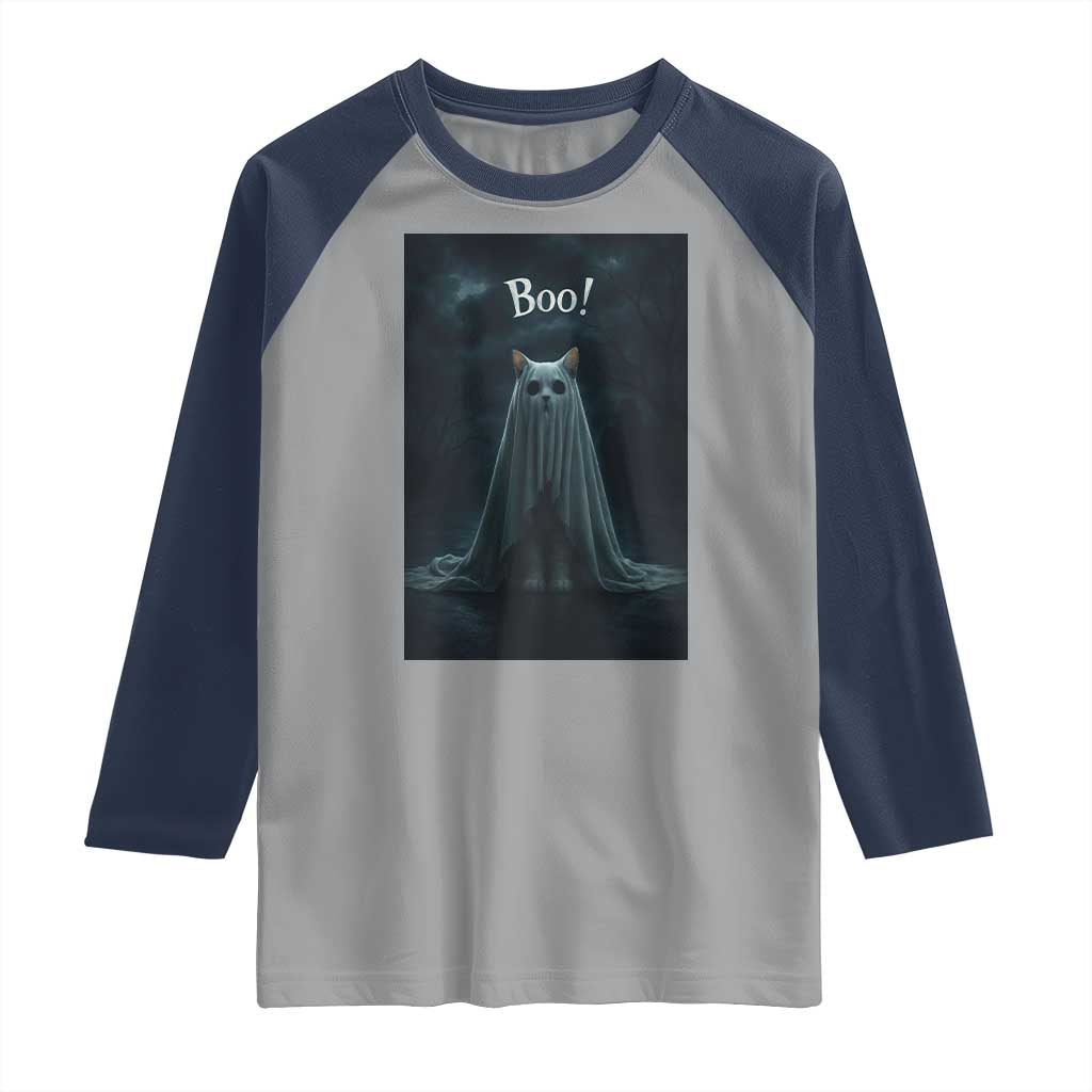Cat Halloween Raglan Shirt Spooky Season Ghost Kitten Haunted Mansion - Wonder Print Shop