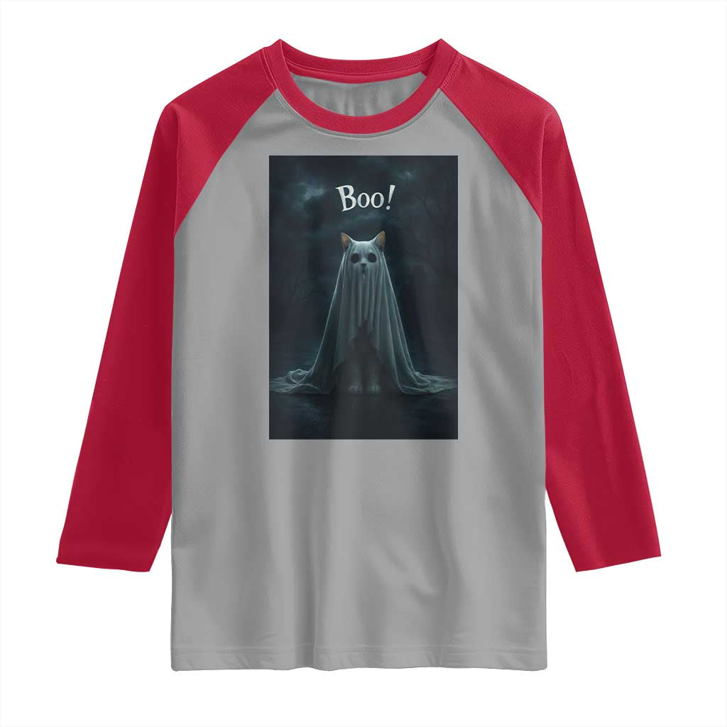 Cat Halloween Raglan Shirt Spooky Season Ghost Kitten Haunted Mansion - Wonder Print Shop
