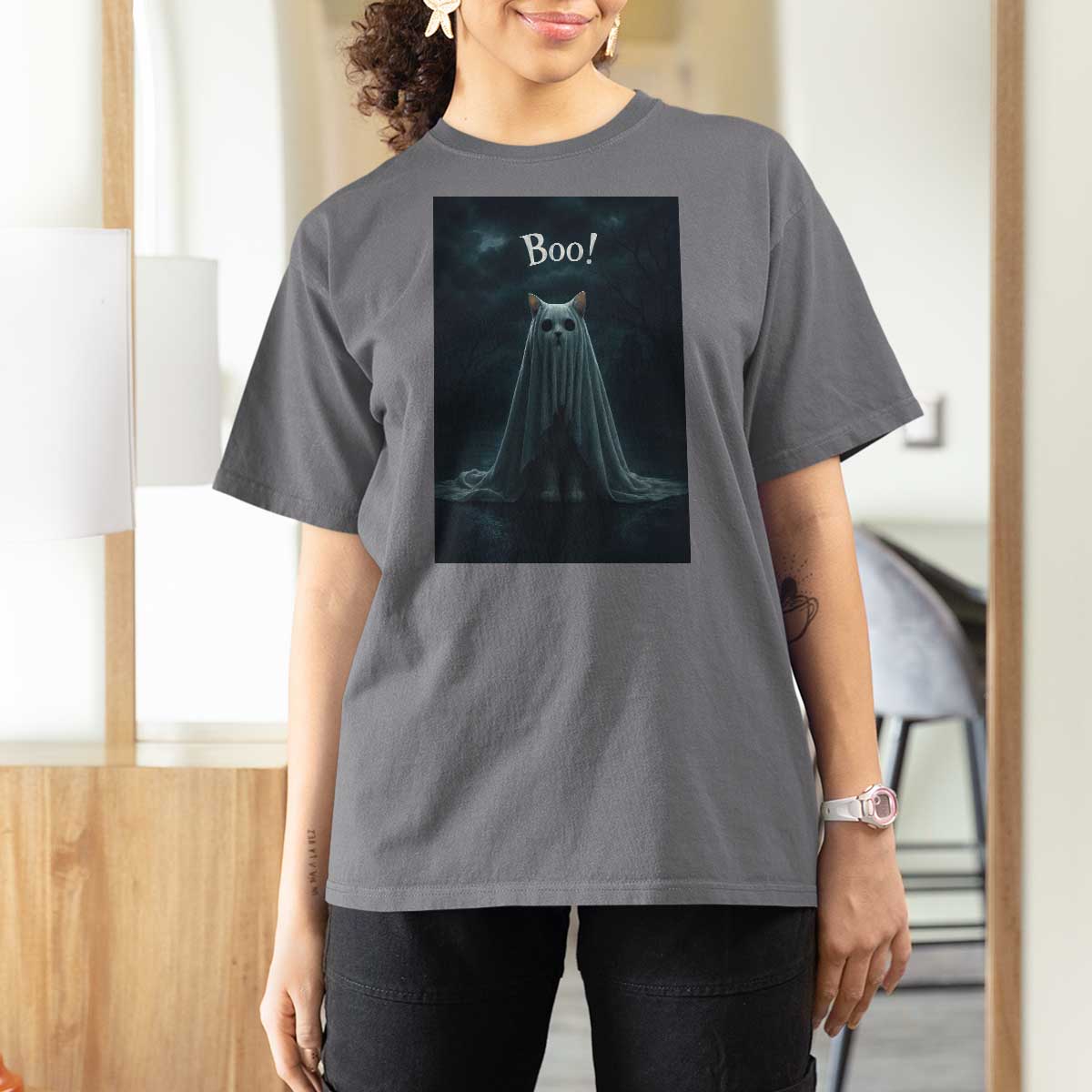 Cat Halloween T Shirt For Women Spooky Season Ghost Kitten Haunted Mansion - Wonder Print Shop