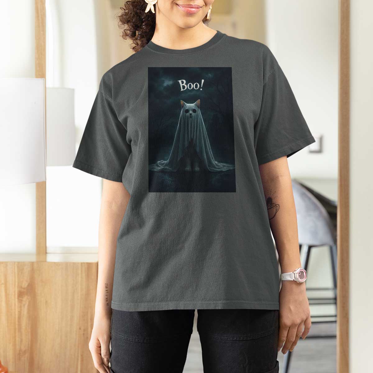 Cat Halloween T Shirt For Women Spooky Season Ghost Kitten Haunted Mansion - Wonder Print Shop